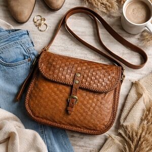 Vintage Woven Leather Crossbody Bag Brown Boho Western Satchel Tooled